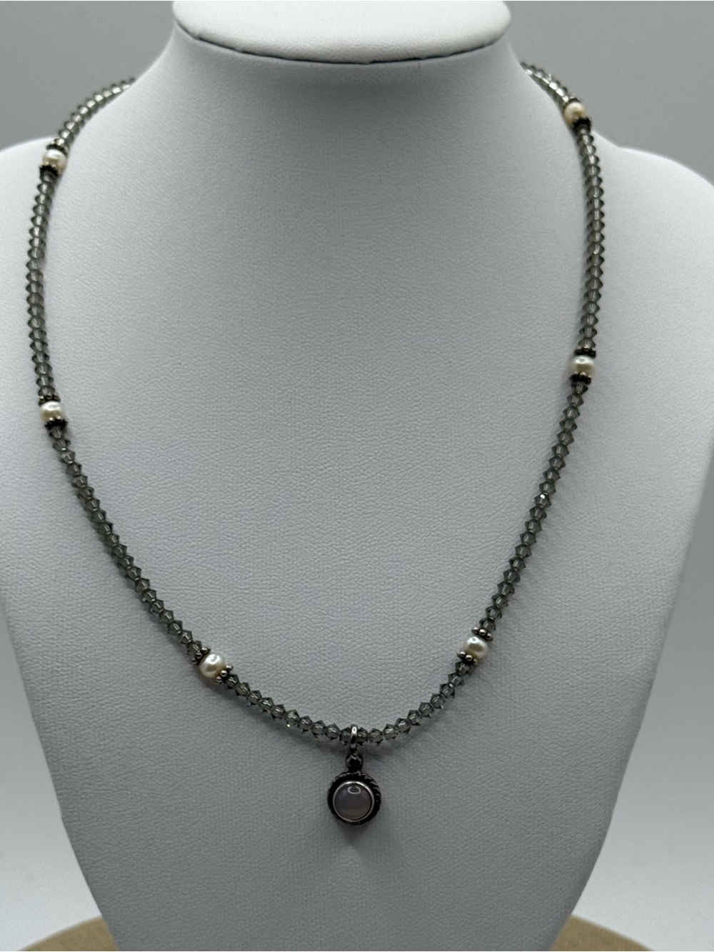 sterling silver moonstone Delicate Gray Crystal Necklace with Pearl Accents